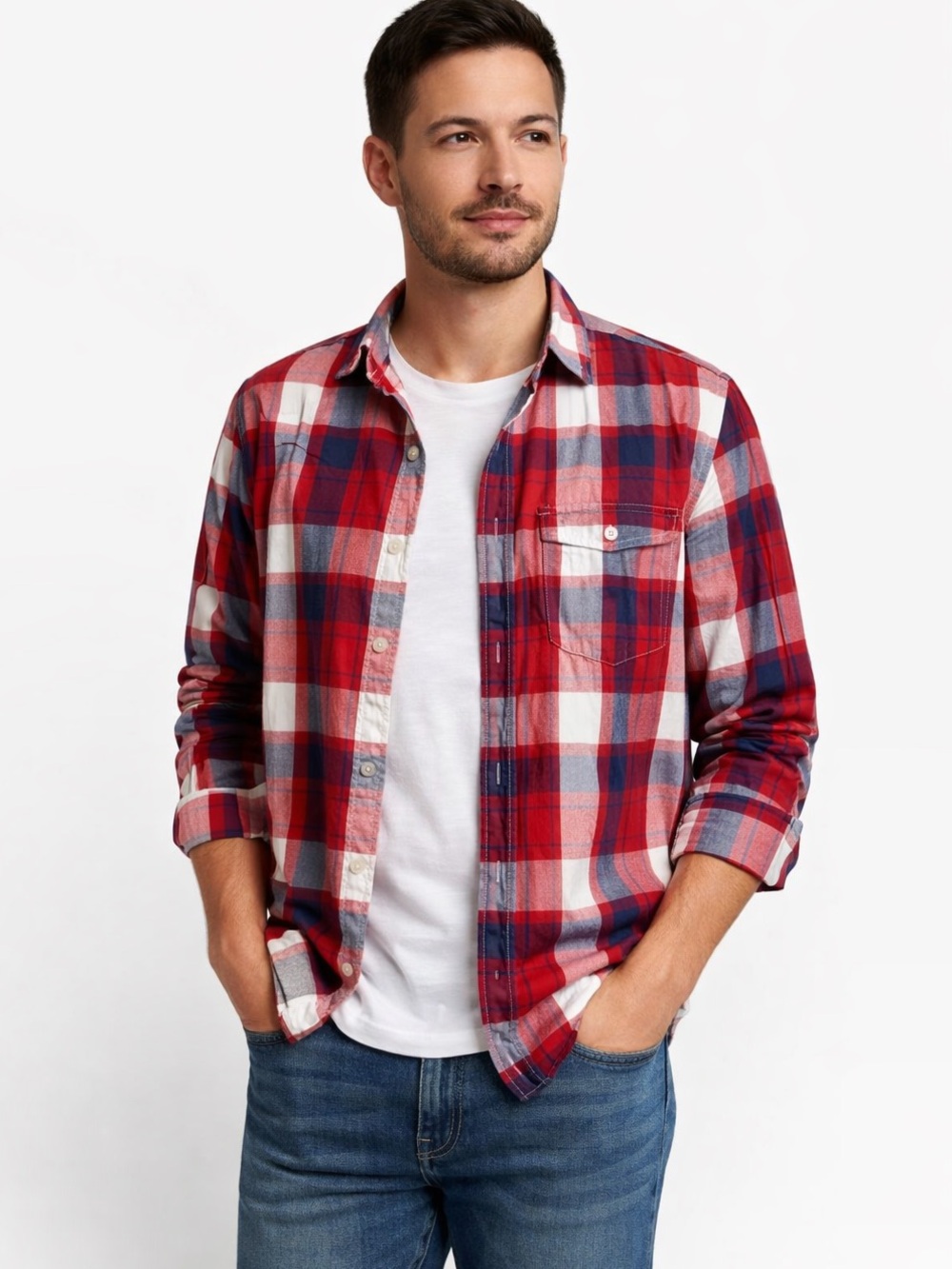 Old Navy Plaid Button Down Shirt Men’s XL Slim Fit Red Blue